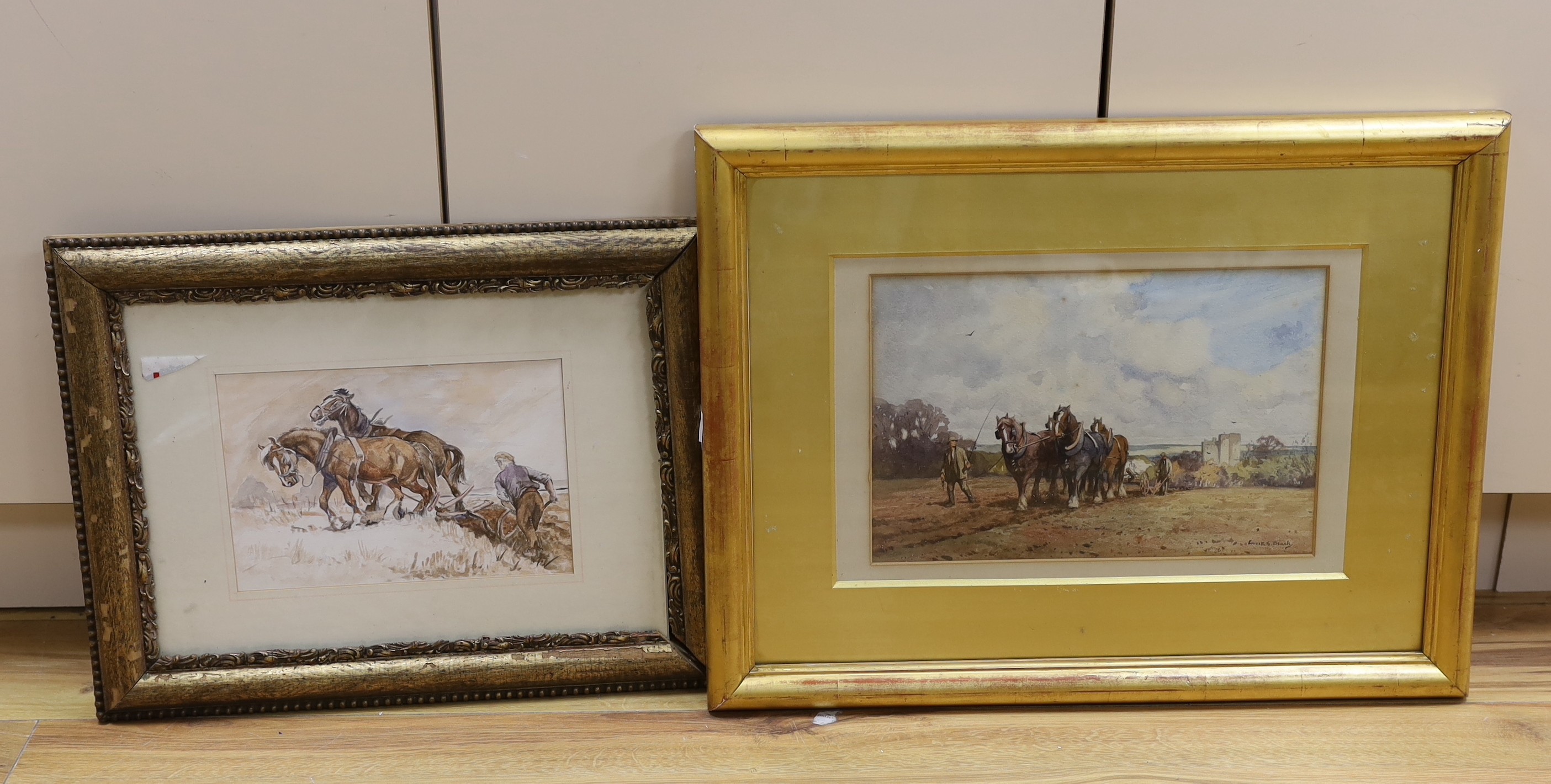 Ernest George Beach (1865-1943), watercolour, Saltwood Castle, signed, 23 x 35cm, and a sketch of plough horses, 18 x 26cm